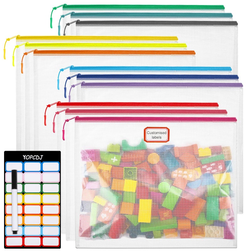 YOPCDJ 12pcs Mesh Zipper Pouch Bags, A4 Puzzle Bag (12 Colors, 12 Packs) for Organizing, Classroom Must Have Storage Bag, File Bags for School, Board Games and Office Supplies - Image 1